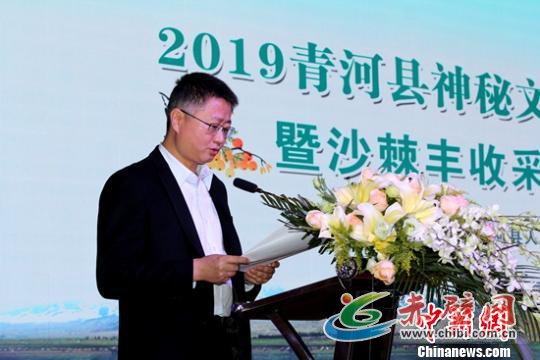 12日上午,“2019青河县神秘文化高峰论坛暨沙棘丰收采摘节发布会”开幕新疆青河县委常委、副县长陈海致辞。 陶拴科 摄 12日上午,“2019青河县神秘文化高峰论坛暨沙棘丰收采摘节发布会”开幕新疆青河县委常委、副县长陈海致辞。 陶拴科 摄